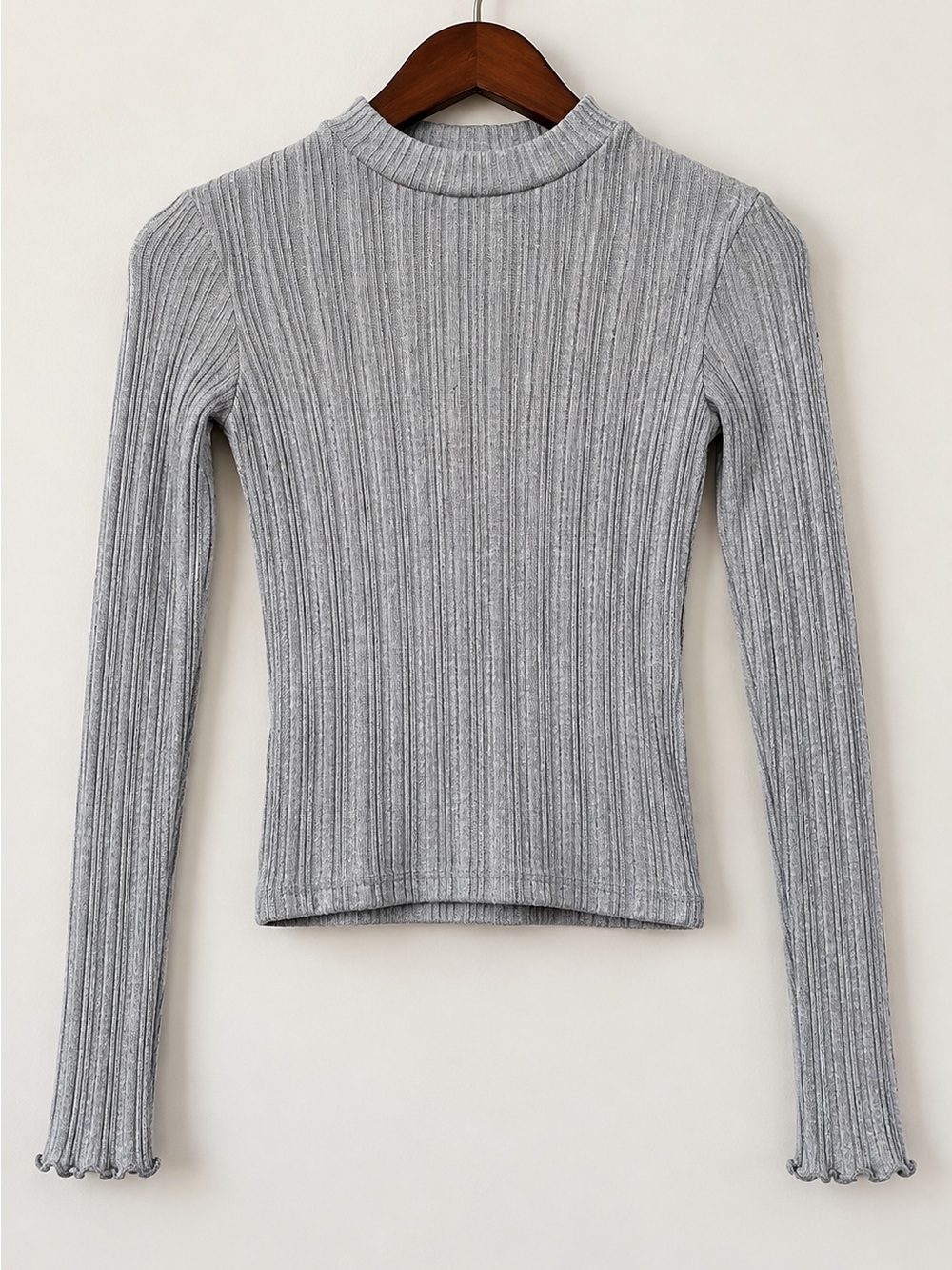 Hollister Gray Ribbed Mock Neck Lettuce Edge Long Sleeve Top XS